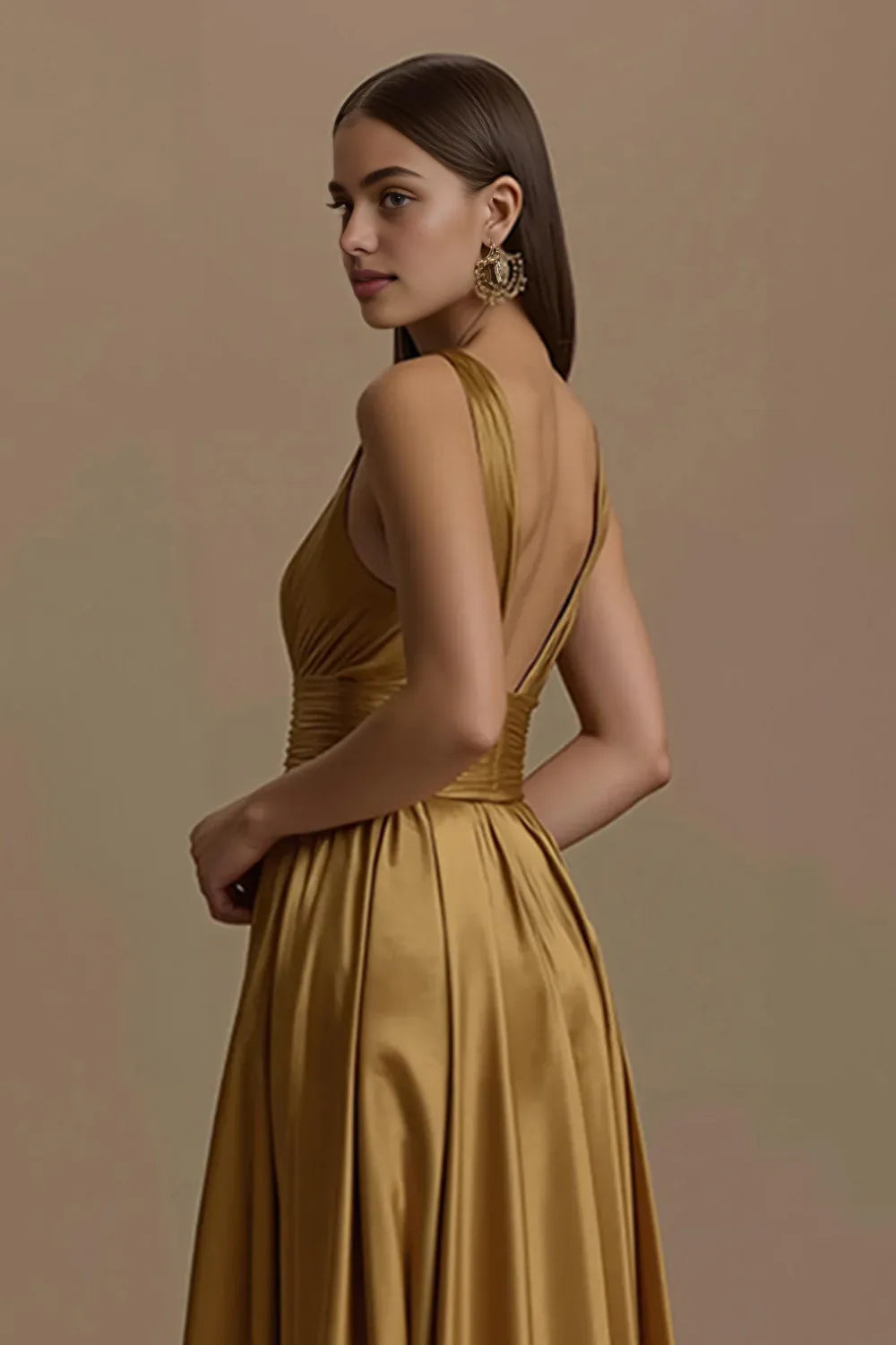 Graceful Stylish Refined Beautiful Timeless Elegant Gold Satin A-Line Sleeveless Prom Dress