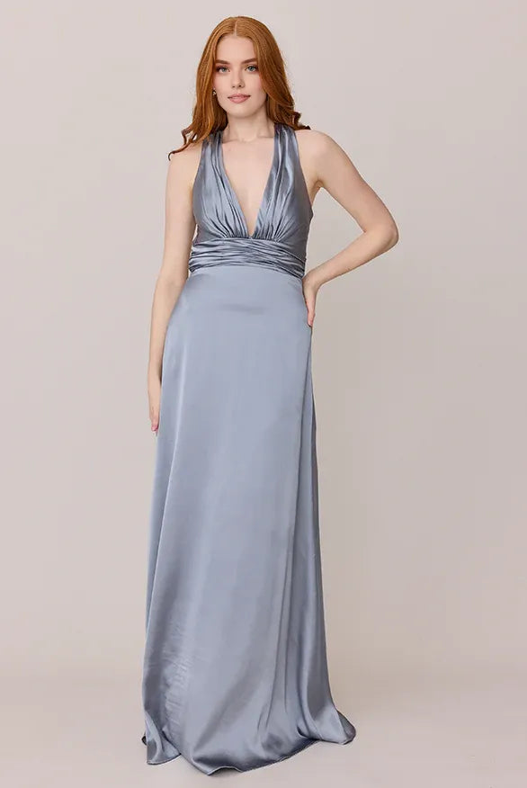 Special Occasion Sophisticated Graceful Elegant Silver Satin A-Line Sleeveless Floor-Length Prom Dress