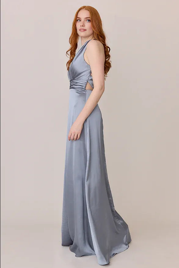 Special Occasion Sophisticated Graceful Elegant Silver Satin A-Line Sleeveless Floor-Length Prom Dress