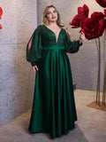 Special Occasion Sophisticated Elegant Emerald Green Satin A-Line Long Sleeve Floor-Length Prom Dress