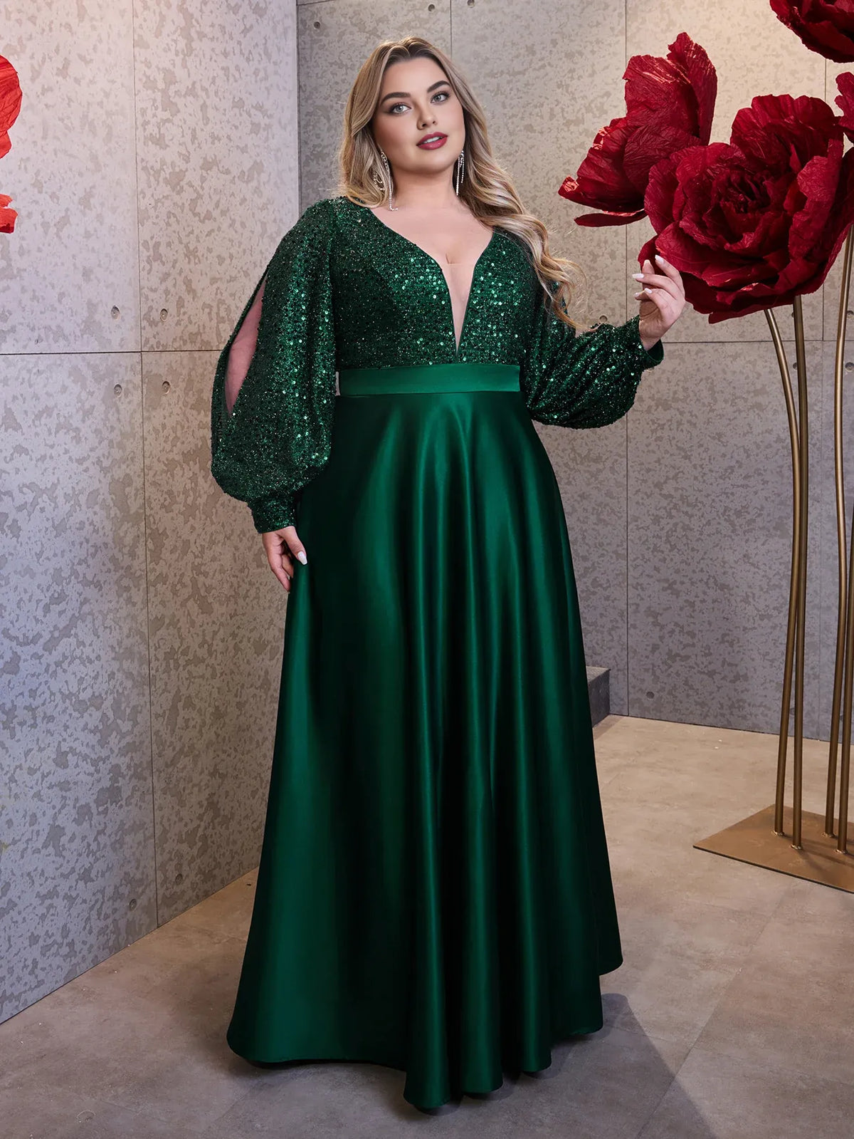 Special Occasion Sophisticated Elegant Emerald Green Satin A-Line Long Sleeve Floor-Length Prom Dress