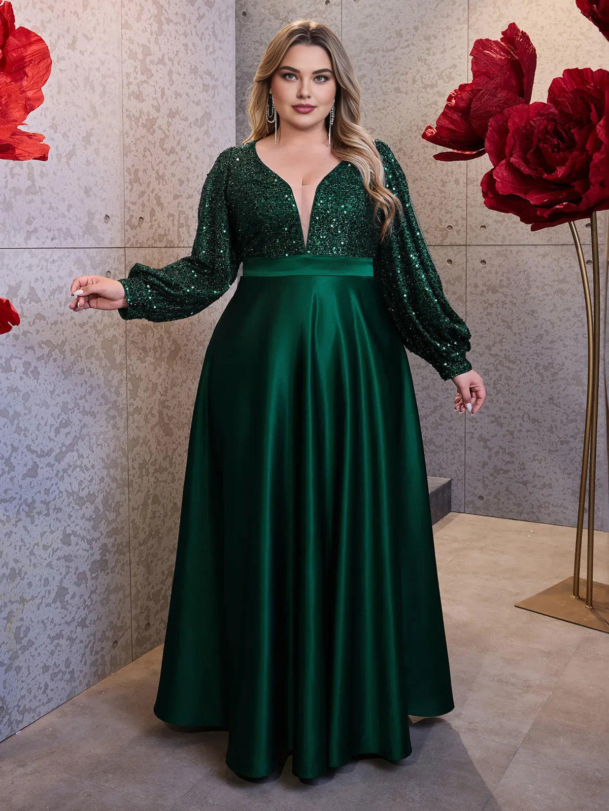 Special Occasion Sophisticated Elegant Emerald Green Satin A-Line Long Sleeve Floor-Length Prom Dress