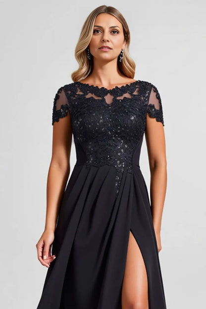 Special Occasion Sophisticated Graceful Elegant Black Lace Floor-Length Mother of the Bride Dress