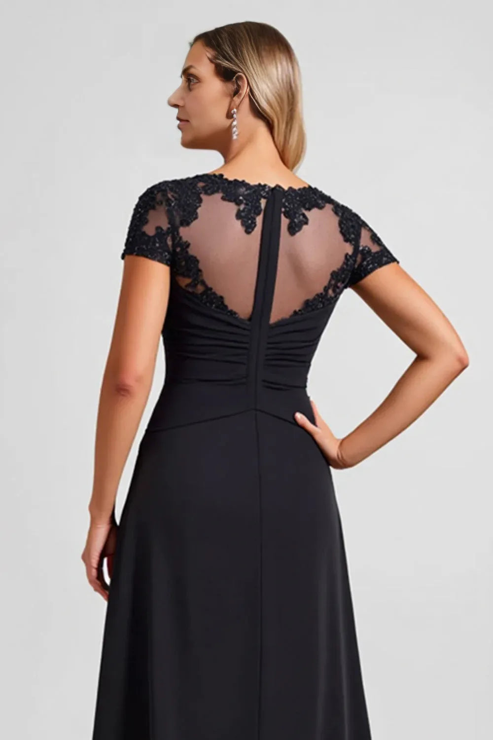 Special Occasion Sophisticated Graceful Elegant Black Lace Floor-Length Mother of the Bride Dress