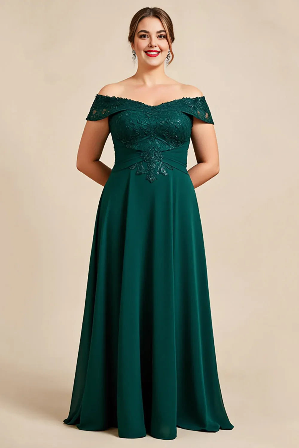 Sophisticated Elegant Emerald Green Lace Backless Floor-Length Mother of the Bride Dress