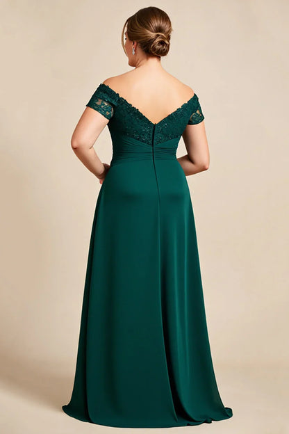 Sophisticated Elegant Emerald Green Lace Backless Floor-Length Mother of the Bride Dress