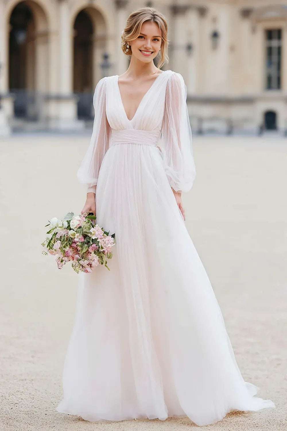 Graceful Stylish Refined Beautiful Elegant Organza V-Neck Long Sleeve Floor-Length Wedding Dress