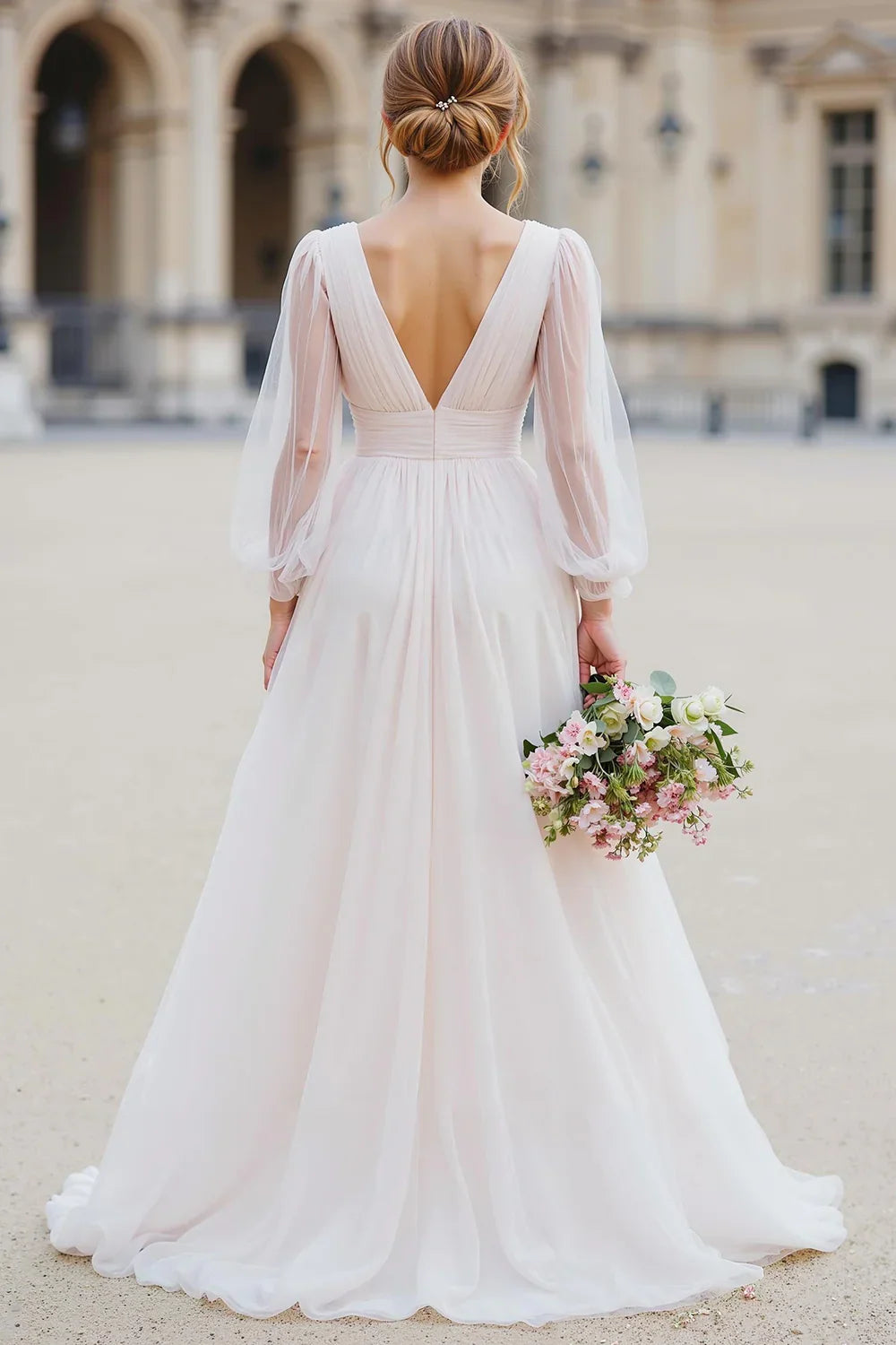 Graceful Stylish Refined Beautiful Elegant Organza V-Neck Long Sleeve Floor-Length Wedding Dress