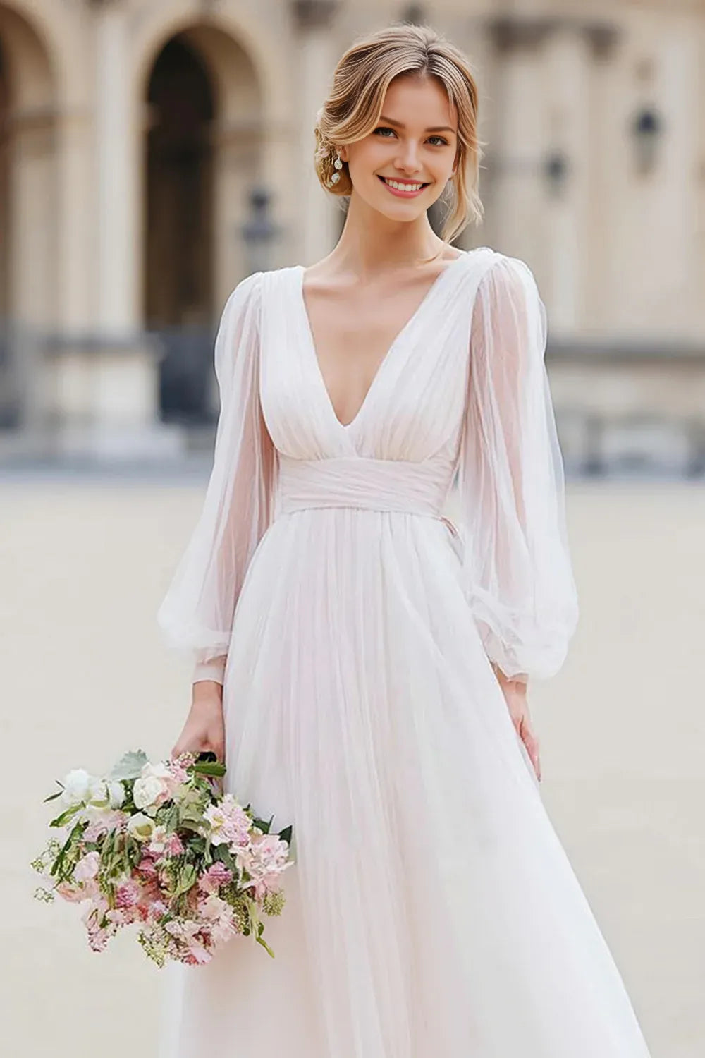 Graceful Stylish Refined Beautiful Elegant Organza V-Neck Long Sleeve Floor-Length Wedding Dress