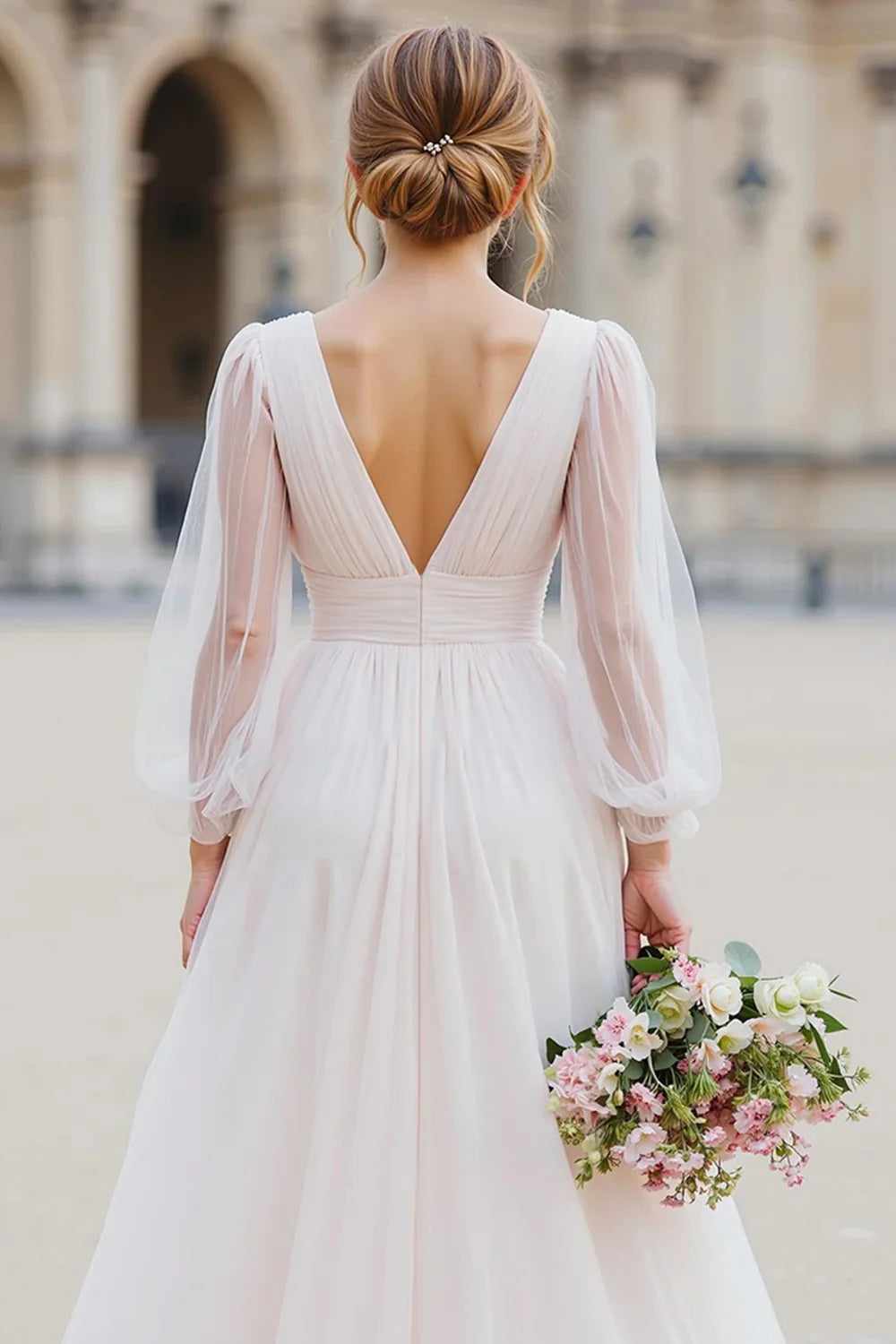 Graceful Stylish Refined Beautiful Elegant Organza V-Neck Long Sleeve Floor-Length Wedding Dress