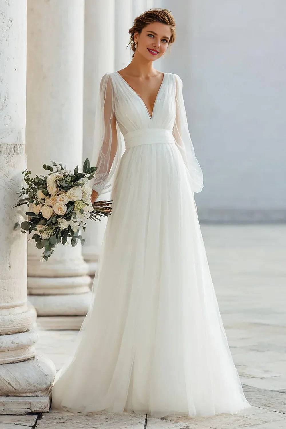 Graceful Stylish Refined Beautiful Elegant Organza V-Neck Long Sleeve Floor-Length Wedding Dress