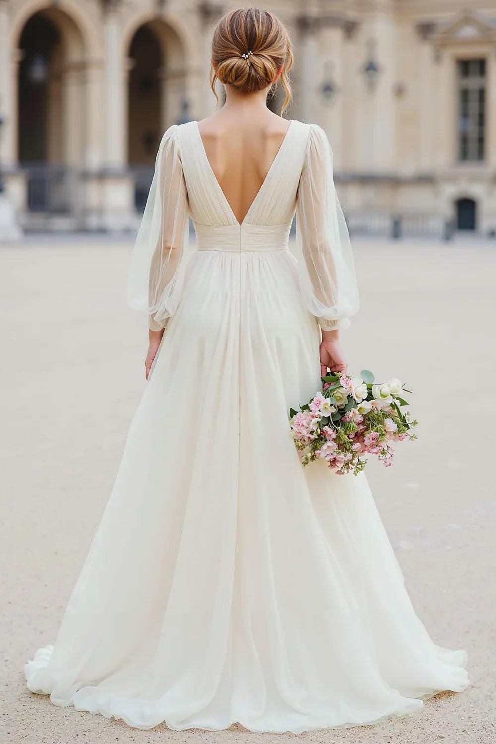 Graceful Stylish Refined Beautiful Elegant Organza V-Neck Long Sleeve Floor-Length Wedding Dress