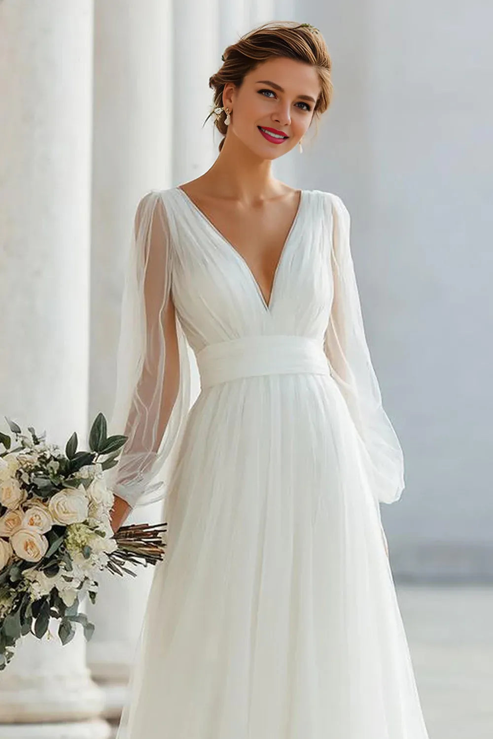 Graceful Stylish Refined Beautiful Elegant Organza V-Neck Long Sleeve Floor-Length Wedding Dress