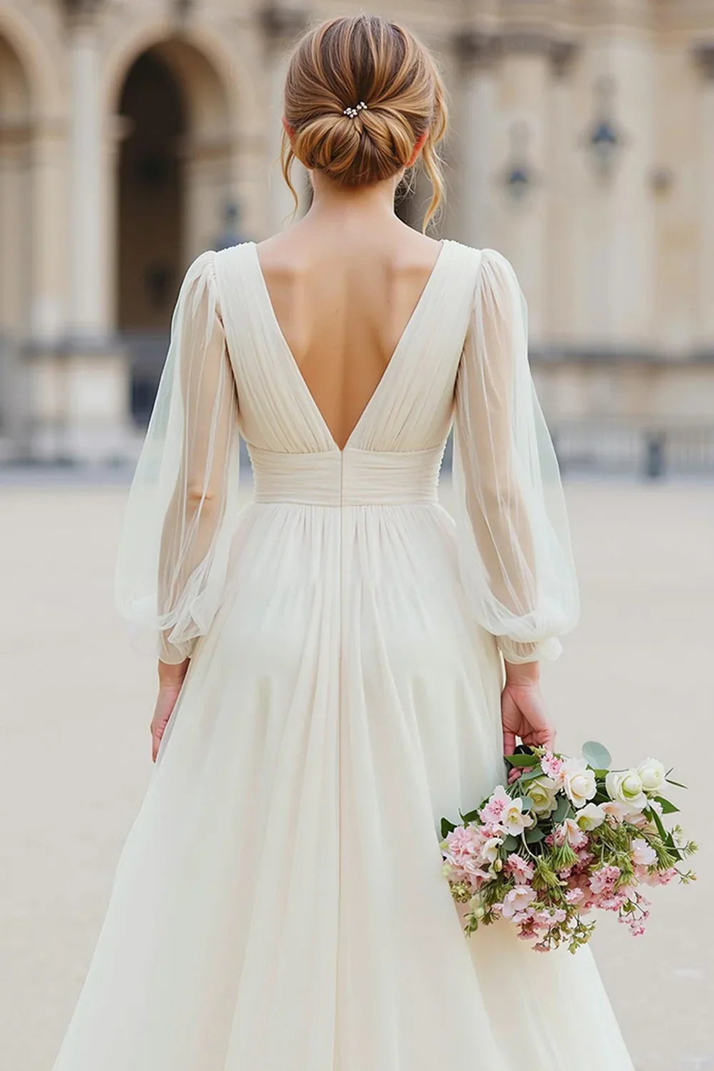 Graceful Stylish Refined Beautiful Elegant Organza V-Neck Long Sleeve Floor-Length Wedding Dress