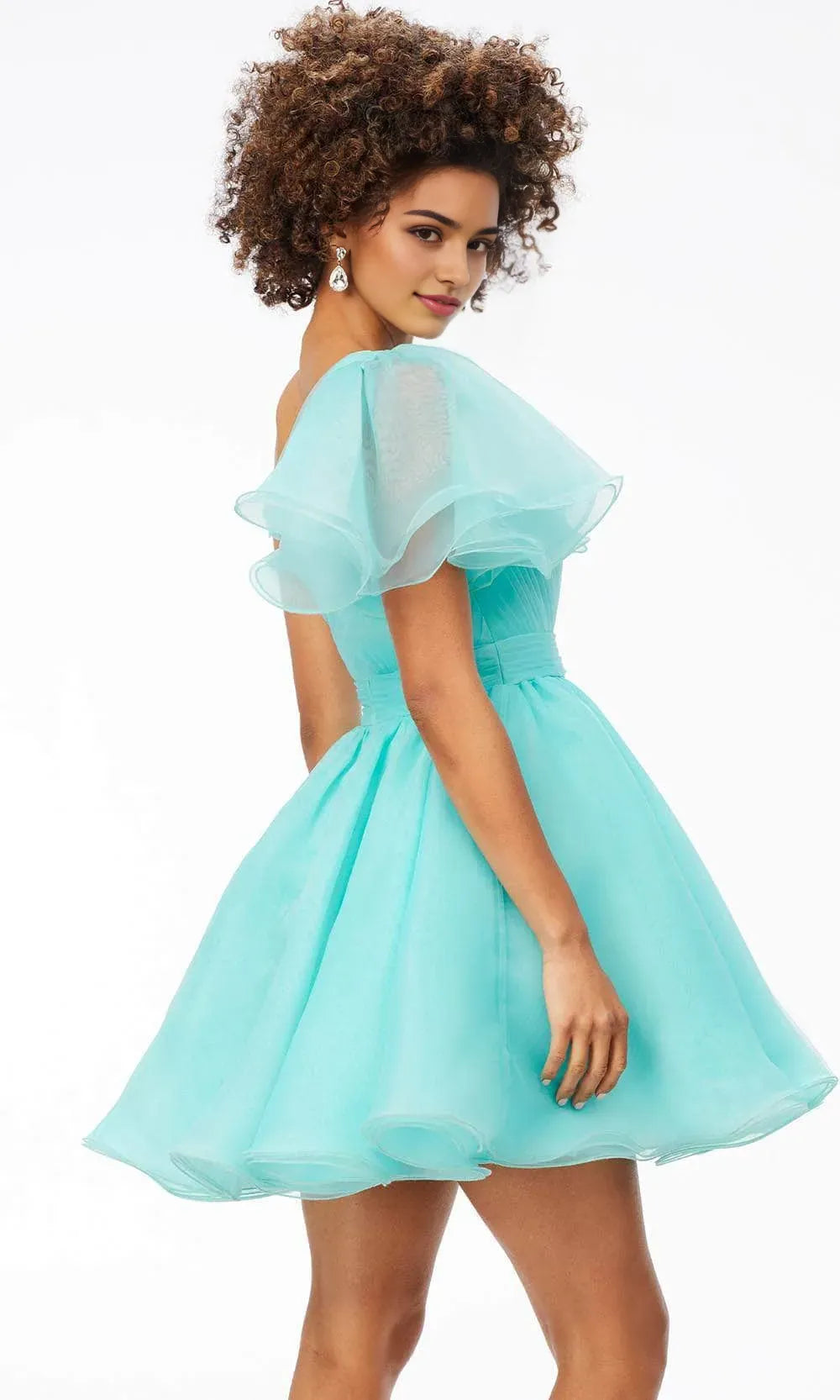 Charming Aqua One Shoulder Homecoming Dress with Ruffled Sleeve and Flared Skirt