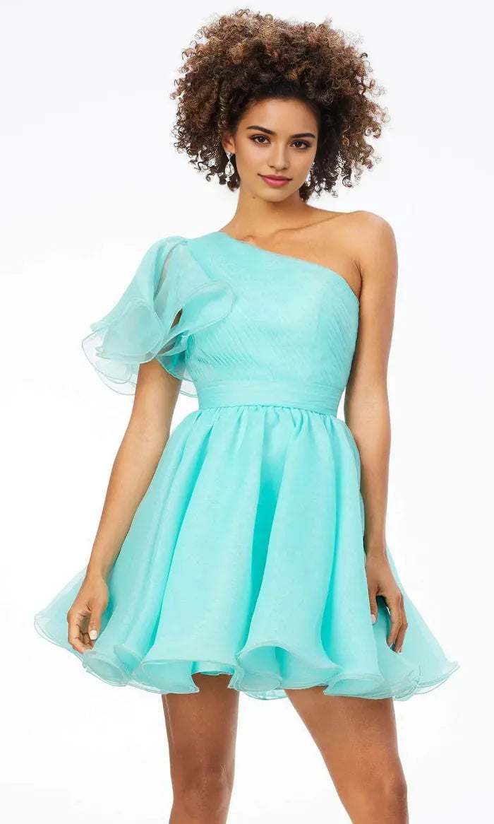 Charming Aqua One Shoulder Homecoming Dress with Ruffled Sleeve and Flared Skirt