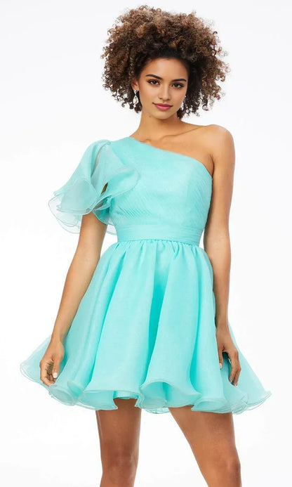 Elegant Red Ruffled A-Line One-Shoulder Classic-Sleeve Classic-Back Floor-Length Homecoming Dress