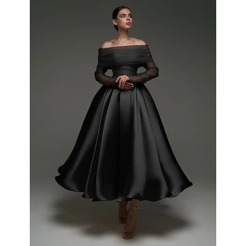 Dusty Pink Charming Ball-Gown Off-Shoulder Long Sleeve Trim Dusty Tea-Length Prom Dress
