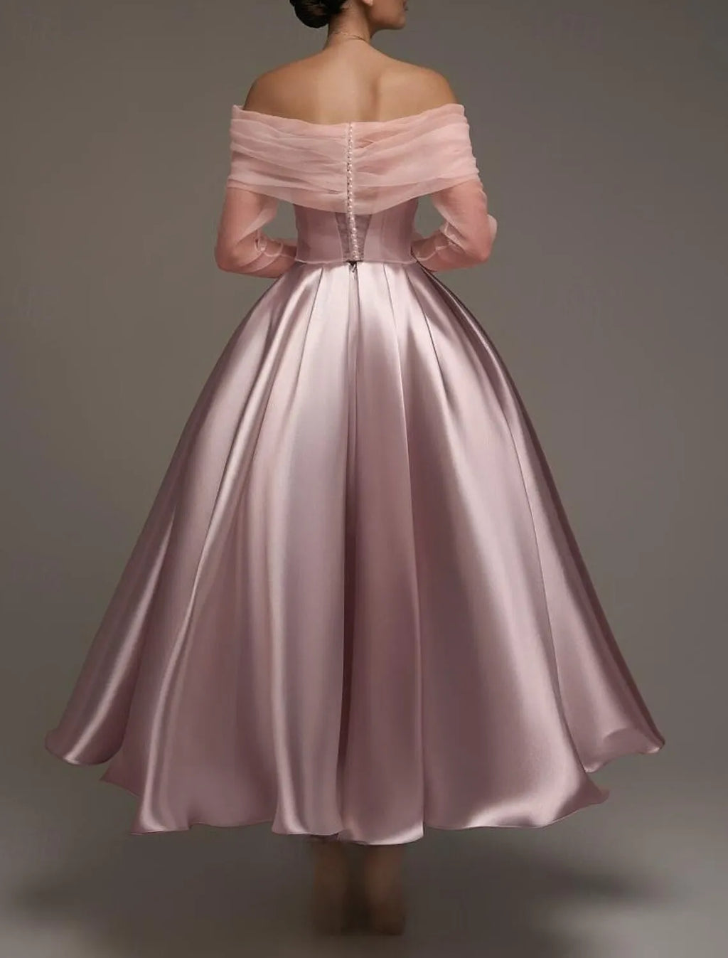 Dusty Pink Charming Ball-Gown Off-Shoulder Long Sleeve Trim Dusty Tea-Length Prom Dress