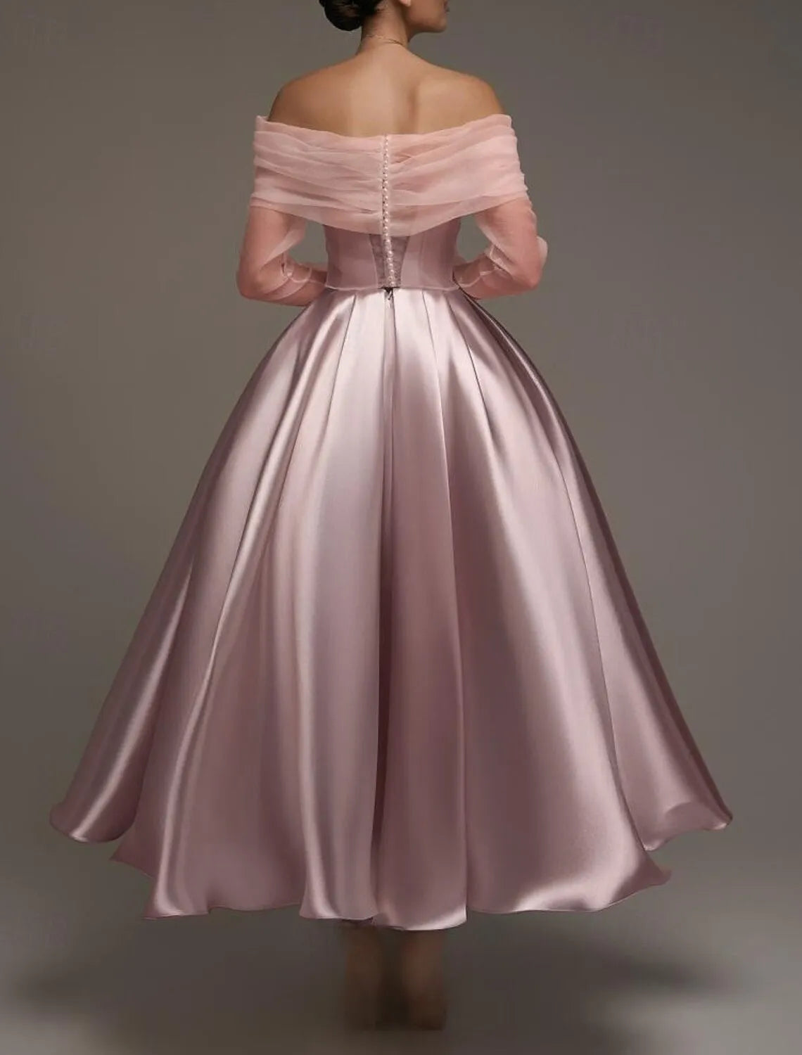 Dusty Pink Charming Ball-Gown Off-Shoulder Long Sleeve Trim Dusty Tea-Length Prom Dress