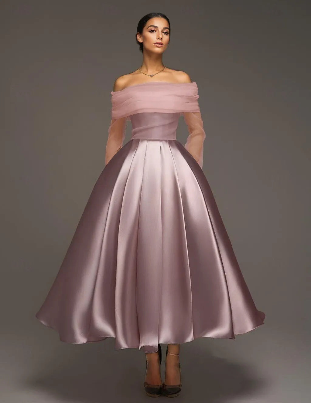 Dusty Pink Charming Ball-Gown Off-Shoulder Long Sleeve Trim Dusty Tea-Length Prom Dress