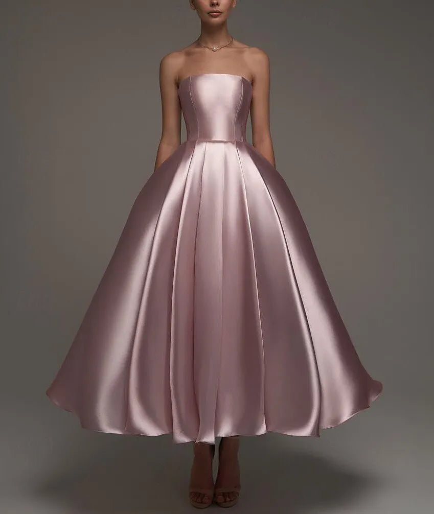 Dusty Pink Charming Ball-Gown Off-Shoulder Long Sleeve Trim Dusty Tea-Length Prom Dress