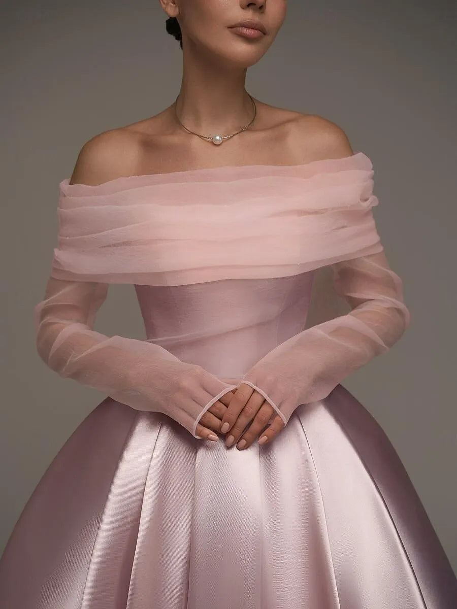 Dusty Pink Charming Ball-Gown Off-Shoulder Long Sleeve Trim Dusty Tea-Length Prom Dress