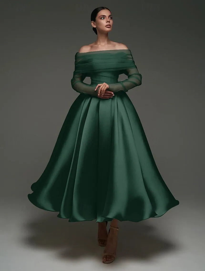 Dusty Pink Charming Ball-Gown Off-Shoulder Long Sleeve Trim Dusty Tea-Length Prom Dress