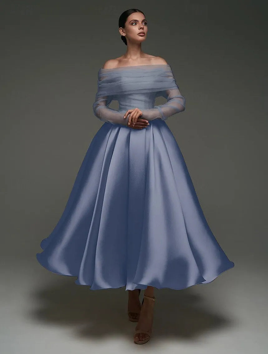 Dusty Pink Charming Ball-Gown Off-Shoulder Long Sleeve Trim Dusty Tea-Length Prom Dress