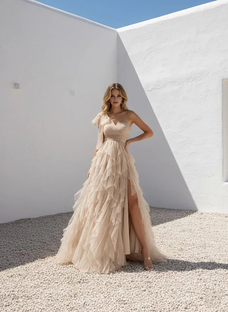Charming Beige A-Line One-Shoulder Sleeveless Back Zip Ruffled Slit Floor-Length Prom Dress