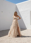 Charming Beige A-Line One-Shoulder Sleeveless Back Zip Ruffled Slit Floor-Length Prom Dress