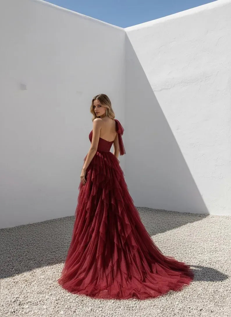 Charming Beige A-Line One-Shoulder Sleeveless Back Zip Ruffled Slit Floor-Length Prom Dress