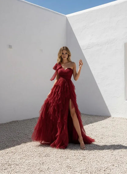 Elegant Red Ruffled A-Line One-Shoulder Sleeveless Classic-Back Floor-Length Prom Dress