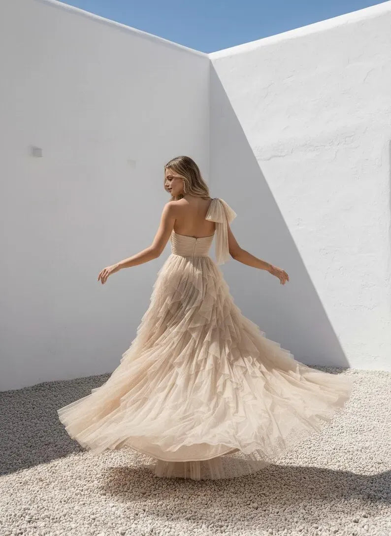 Charming Beige A-Line One-Shoulder Sleeveless Back Zip Ruffled Slit Floor-Length Prom Dress