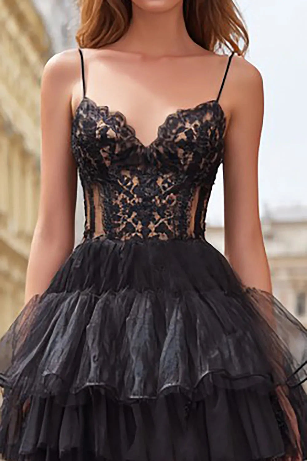 Black Charming A-Line Spaghetti-Straps Sleeveless Back Zip Tiered Ruffled High Side Slit Prom Dress