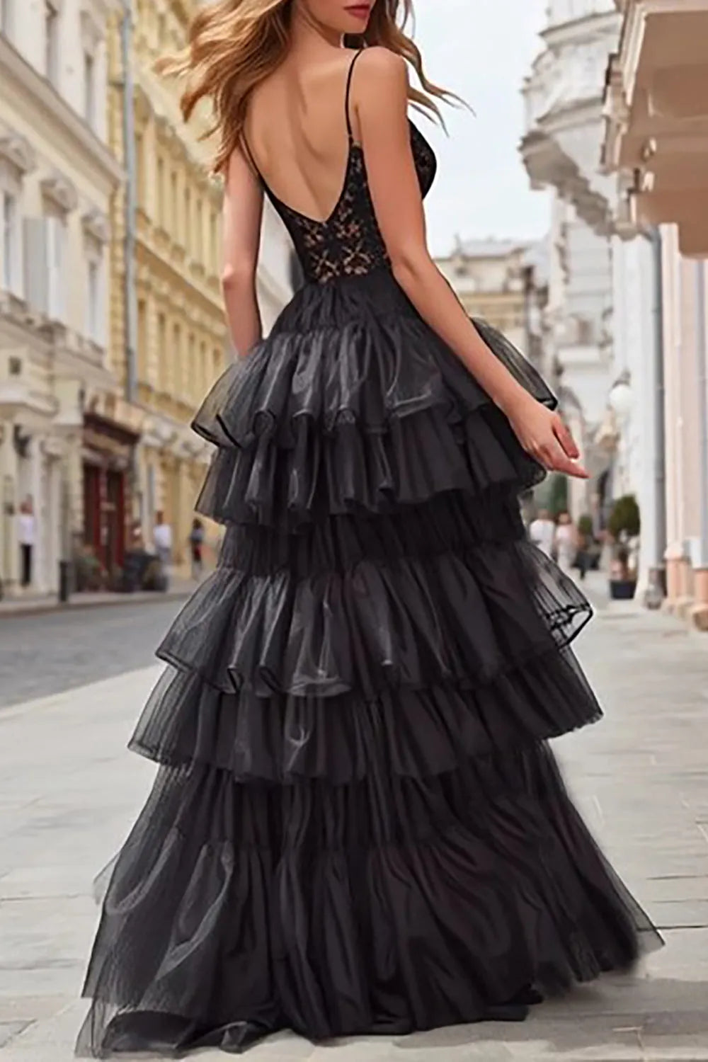 Black Charming A-Line Spaghetti-Straps Sleeveless Back Zip Tiered Ruffled High Side Slit Prom Dress