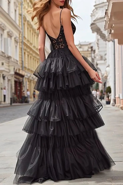 Glamorous Black Ruffled A-Line Classic-Neck Sleeveless Classic-Back Floor-Length Prom Dress