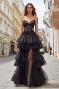 Black Charming A-Line Spaghetti-Straps Sleeveless Back Zip Tiered Ruffled High Side Slit Prom Dress