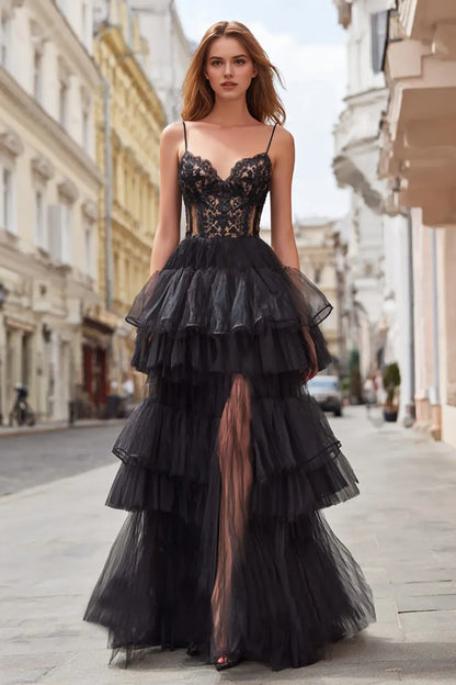 Glamorous Black Ruffled A-Line Classic-Neck Sleeveless Classic-Back Floor-Length Prom Dress