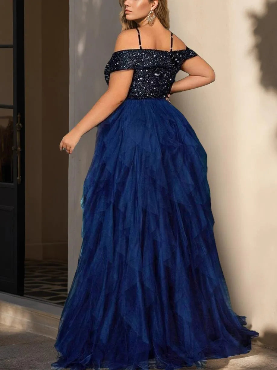 Blue Charming A-Line Off-the-Shoulder Sleeveless Back Zip Tiered Floor-Length Plus Size Prom Dresses