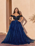Blue Charming A-Line Off-the-Shoulder Sleeveless Back Zip Tiered Floor-Length Plus Size Prom Dresses