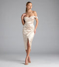 Refined Beautiful Timeless Elegant Champagne Lace Bodycon Off-The-Shoulder Sleeveless Tea-Length Prom Dress