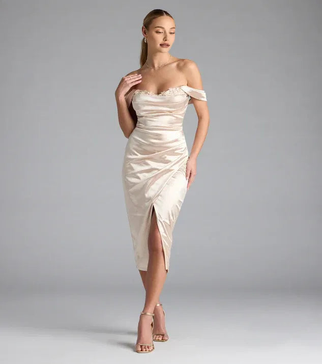Refined Beautiful Timeless Elegant Champagne Lace Bodycon Off-The-Shoulder Sleeveless Tea-Length Prom Dress
