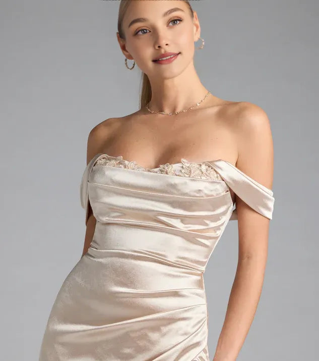 Refined Beautiful Timeless Elegant Champagne Lace Bodycon Off-The-Shoulder Sleeveless Tea-Length Prom Dress