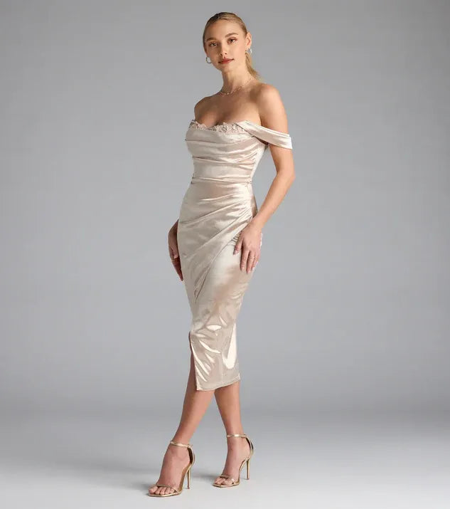 Refined Beautiful Timeless Elegant Champagne Lace Bodycon Off-The-Shoulder Sleeveless Tea-Length Prom Dress