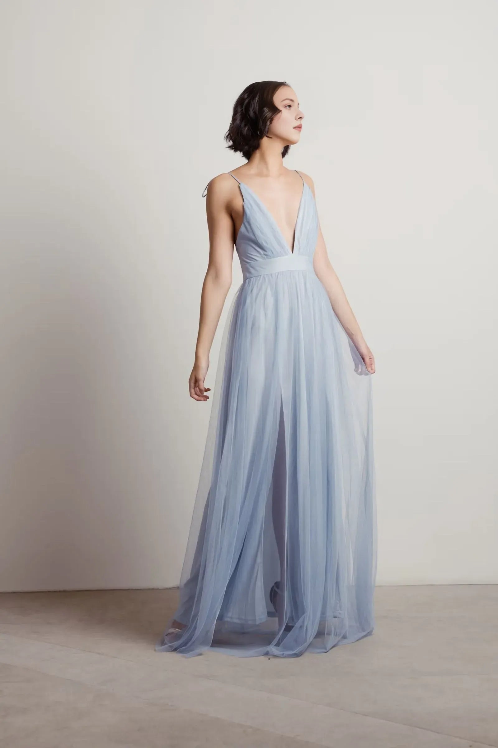 Burgundy Charming A-Line Deep V-Neck Sleeveless Open Back Floor-Length High-Slit Prom Dresses