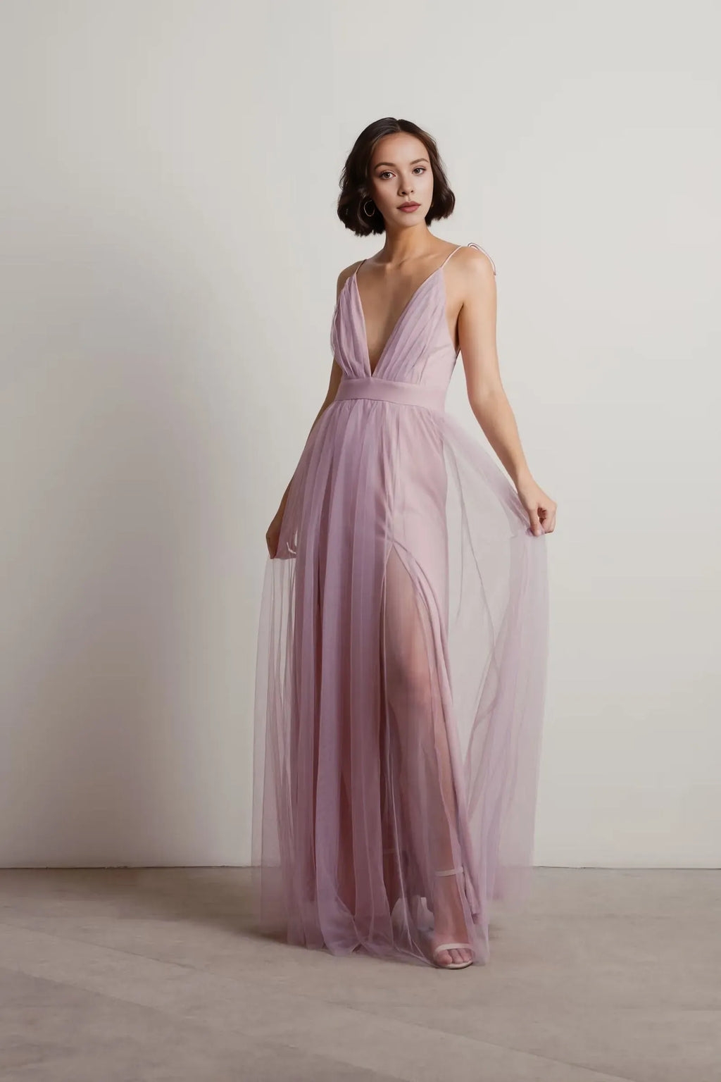 Burgundy Charming A-Line Deep V-Neck Sleeveless Open Back Floor-Length High-Slit Prom Dresses