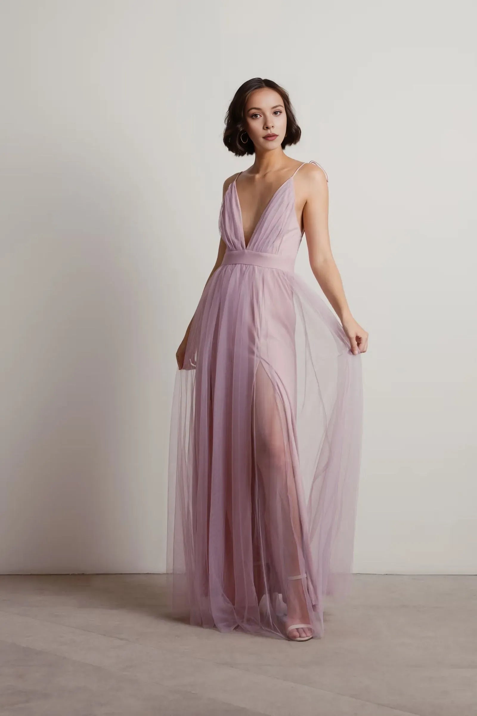 Burgundy Charming A-Line Deep V-Neck Sleeveless Open Back Floor-Length High-Slit Prom Dresses