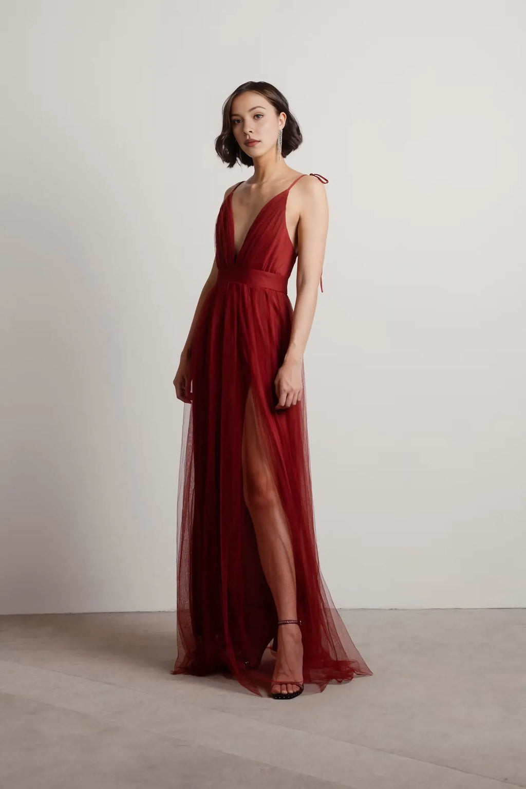 Burgundy Charming A-Line Deep V-Neck Sleeveless Open Back Floor-Length High-Slit Prom Dresses