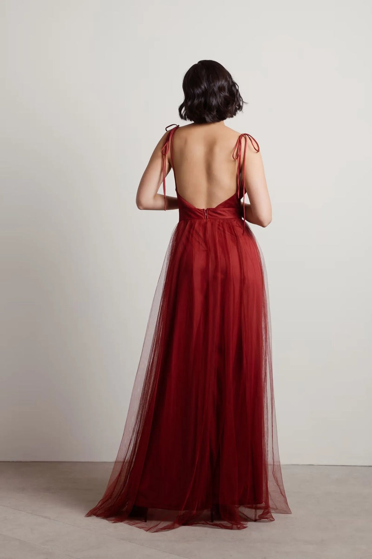 Burgundy Charming A-Line Deep V-Neck Sleeveless Open Back Floor-Length High-Slit Prom Dresses